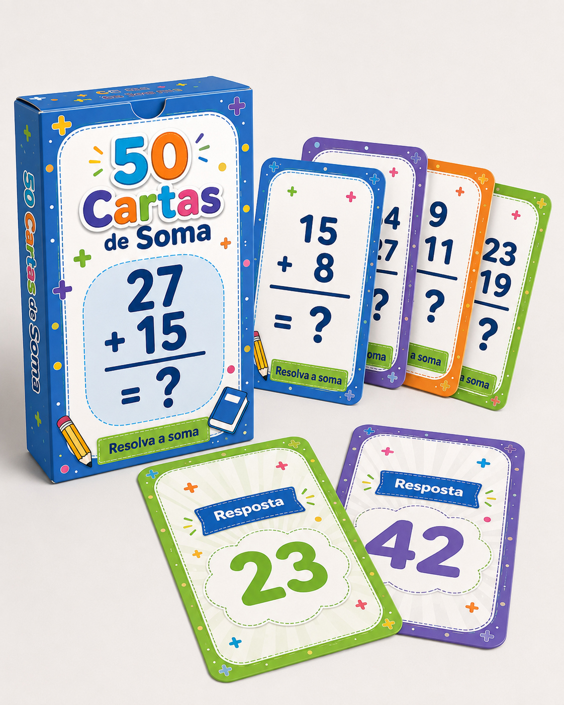 Caixinha com as cartas de soma espalhadas