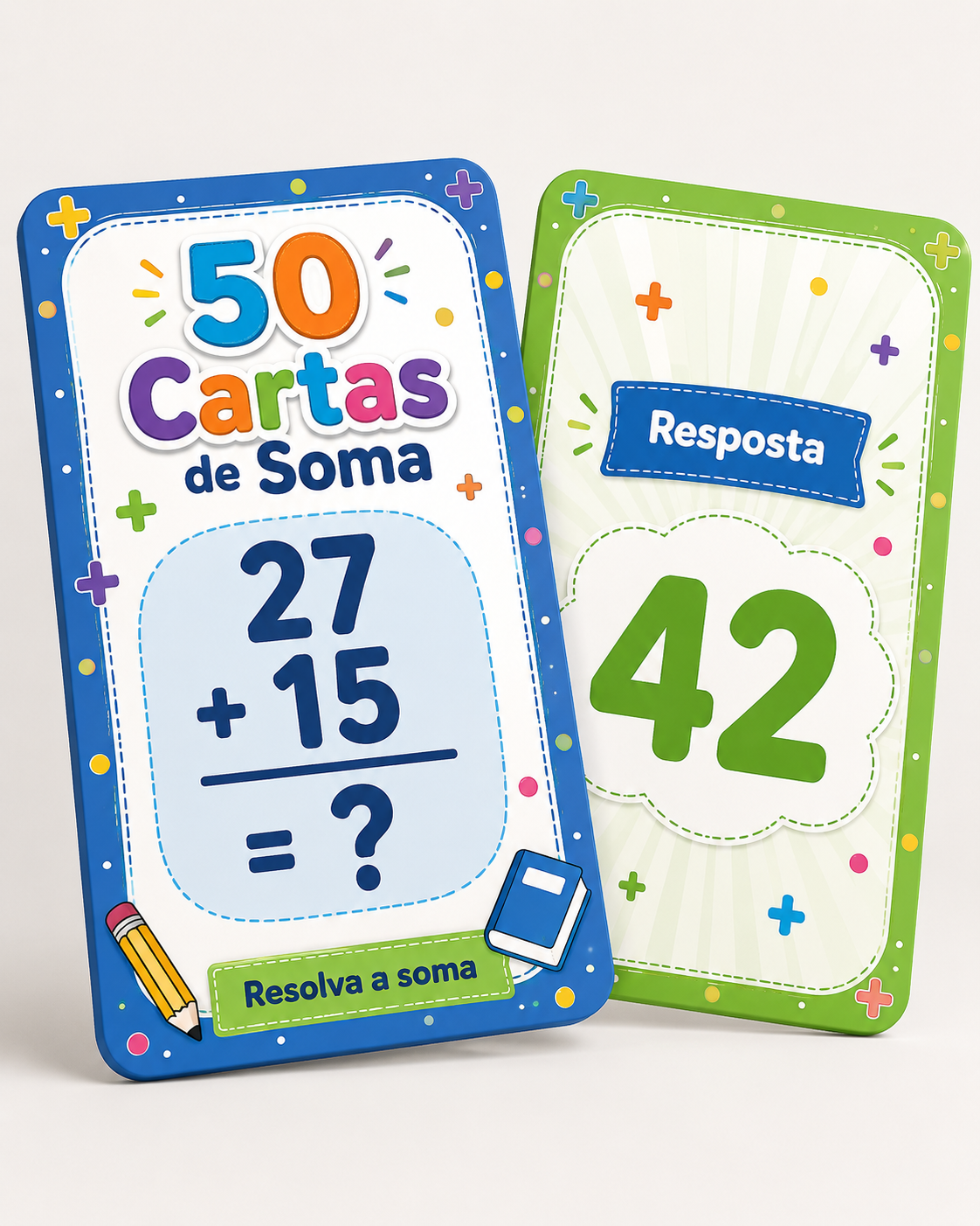 Carta com o desafio 27 + 15 e a carta de resposta 42